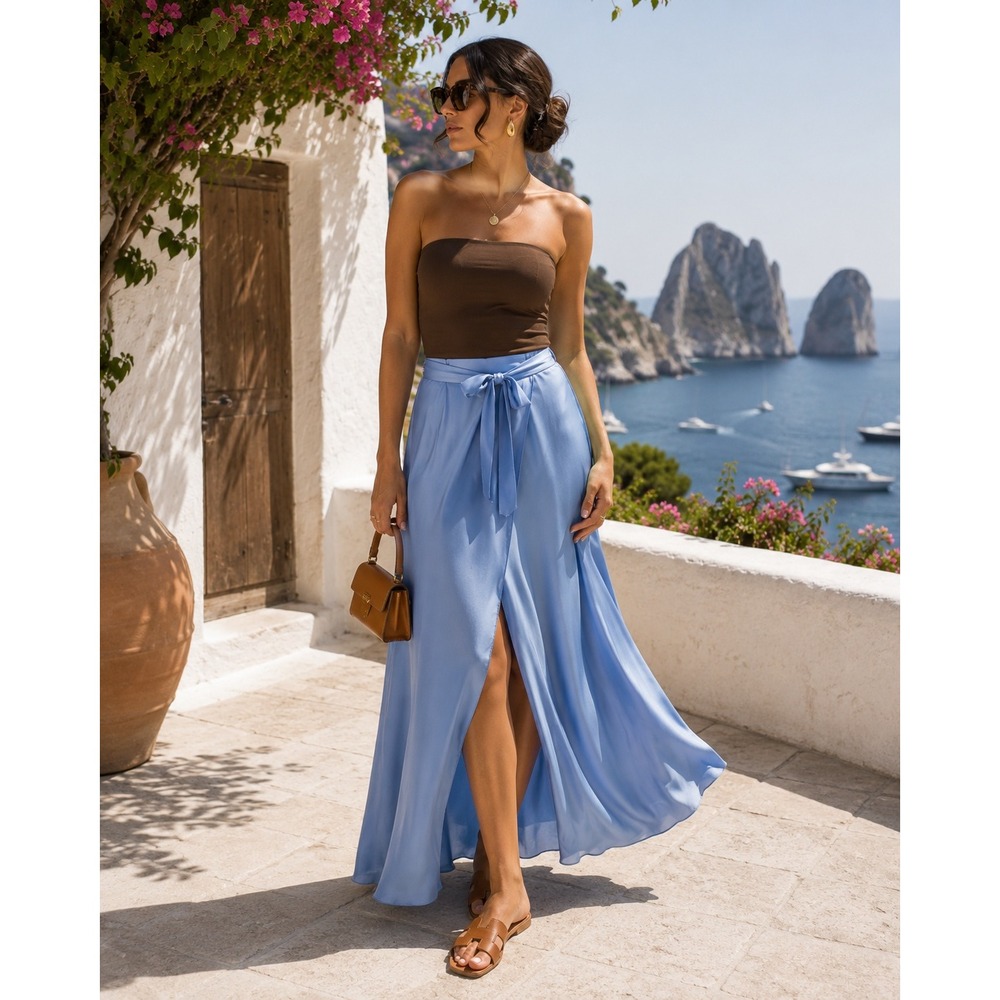 MIRAIA SRL Italy Blue Satin Maxi Skirt High Waist Tie Belt Side Slit Sz S/M